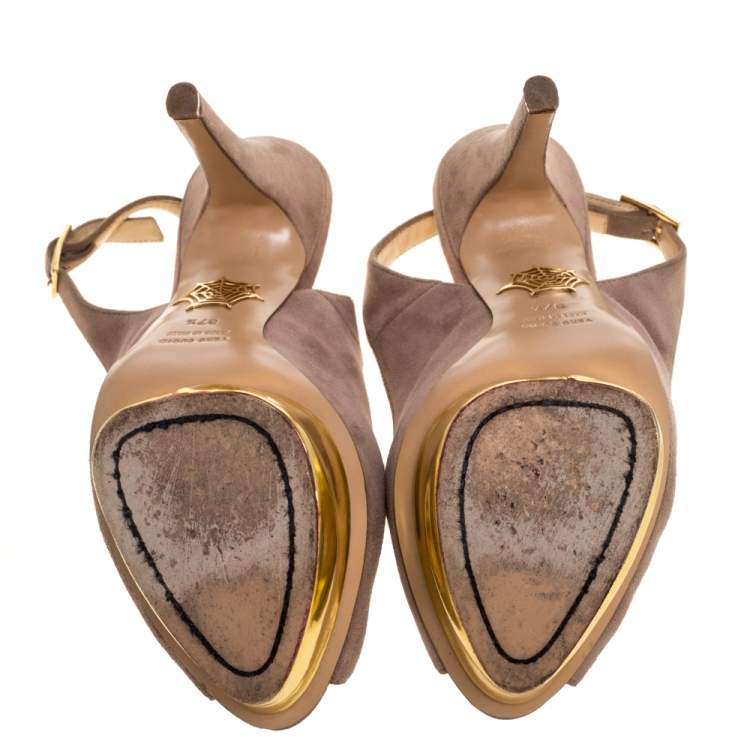 Pre Owned Charlotte Olympia Beige Suede Slingback Peep Toe Platform Sandals Size 37.5