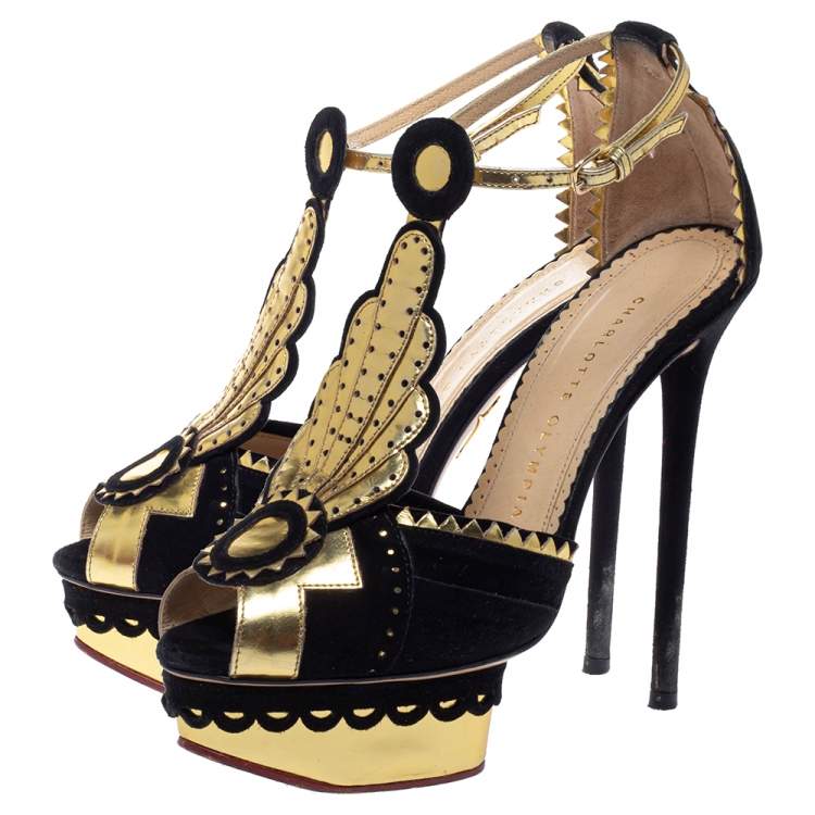 Pre Owned Charlotte Olympia Metallic Gold/Black Leather and Suede Sunset Ankle Strap Platform Sandals Size 36
