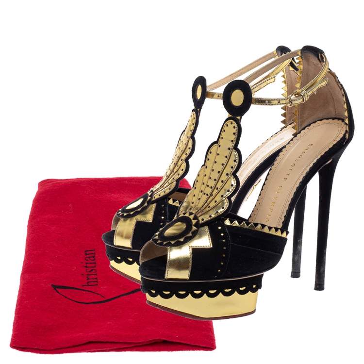 Pre Owned Charlotte Olympia Metallic Gold/Black Leather and Suede Sunset Ankle Strap Platform Sandals Size 36