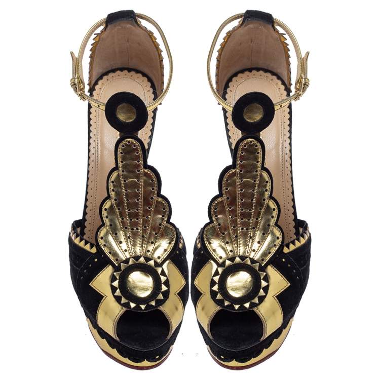 Pre Owned Charlotte Olympia Metallic Gold/Black Leather and Suede Sunset Ankle Strap Platform Sandals Size 36