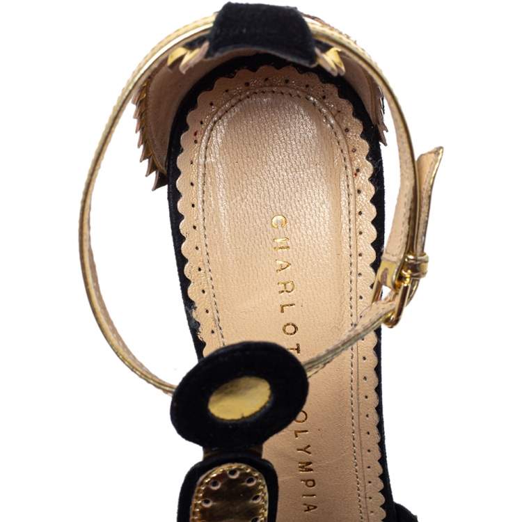 Pre Owned Charlotte Olympia Metallic Gold/Black Leather and Suede Sunset Ankle Strap Platform Sandals Size 36