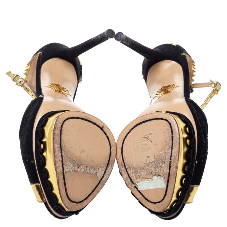 Pre Owned Charlotte Olympia Metallic Gold/Black Leather and Suede Sunset Ankle Strap Platform Sandals Size 36
