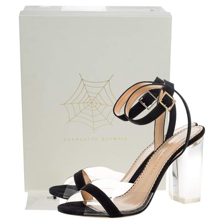 Pre Owned Charlotte Olympia Black Suede And PVC Block Heel Ankle Strap Sandals Size 41