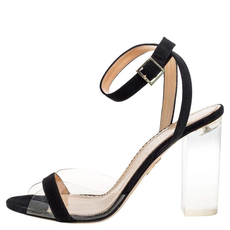 Pre Owned Charlotte Olympia Black Suede And PVC Block Heel Ankle Strap Sandals Size 41