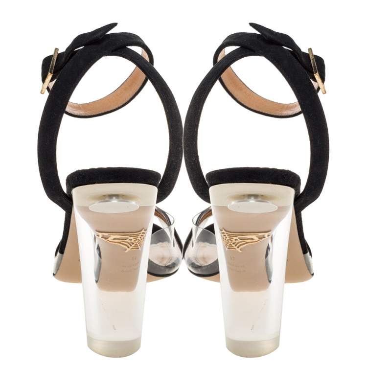 Pre Owned Charlotte Olympia Black Suede And PVC Block Heel Ankle Strap Sandals Size 41