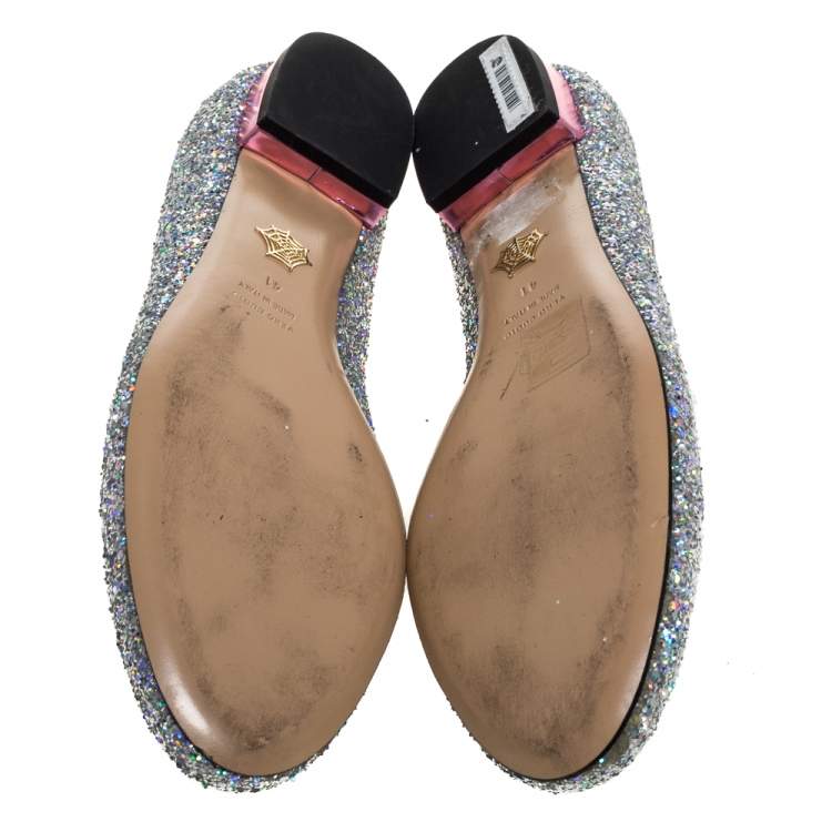 Pre Owned  Charlotte Olympia Silver Glitter Cat Ballet Flats Size 41