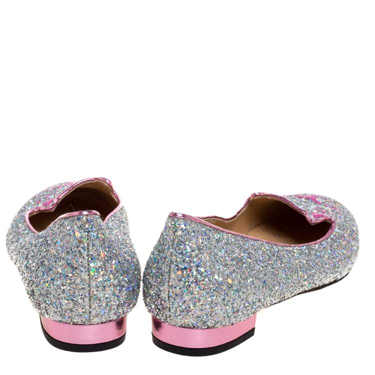Pre Owned  Charlotte Olympia Silver Glitter Cat Ballet Flats Size 41
