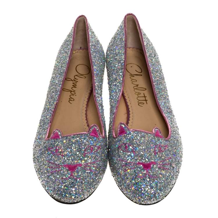 Pre Owned  Charlotte Olympia Silver Glitter Cat Ballet Flats Size 41
