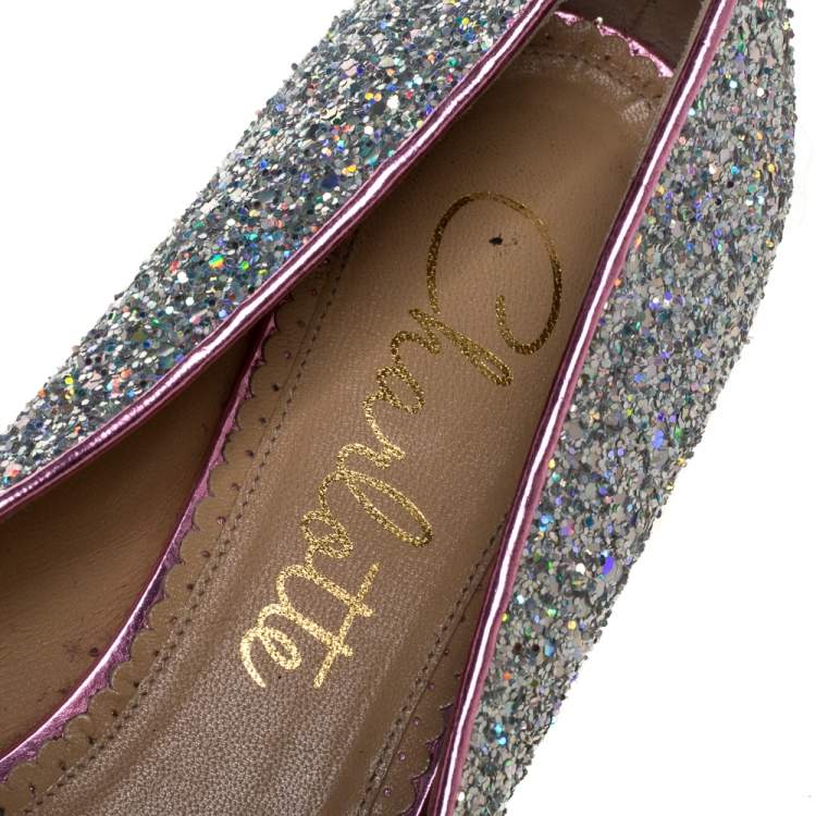 Pre Owned  Charlotte Olympia Silver Glitter Cat Ballet Flats Size 41