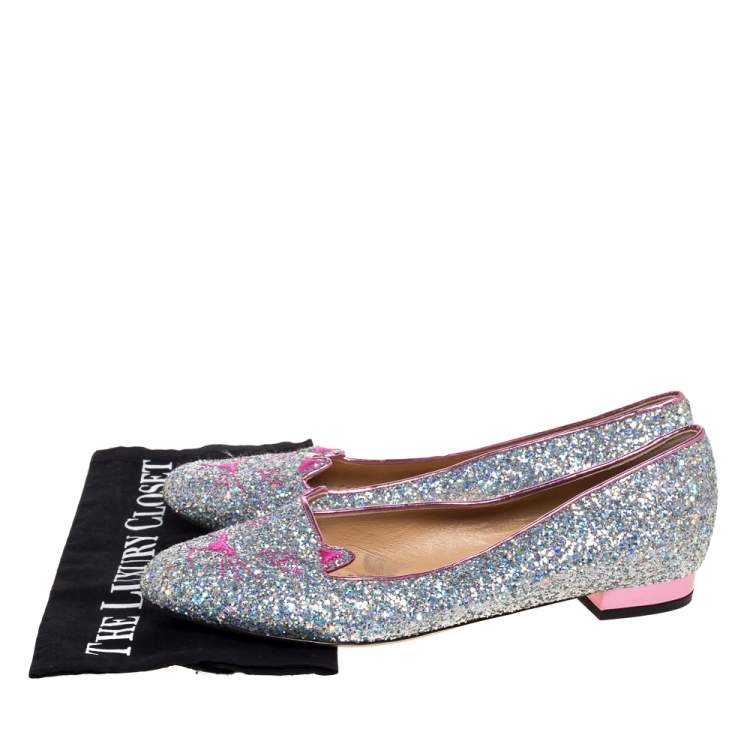 Pre Owned  Charlotte Olympia Silver Glitter Cat Ballet Flats Size 41