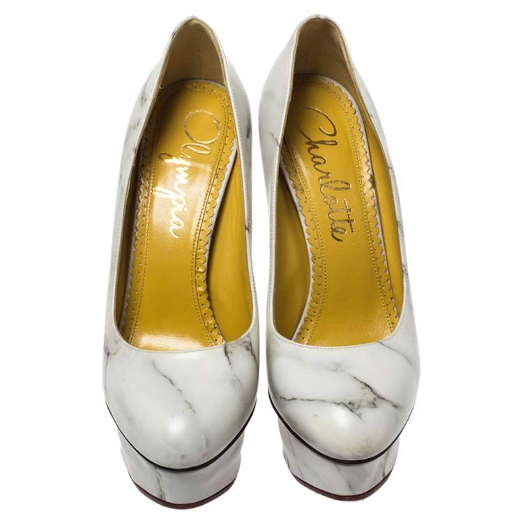 Pre Owned Charlotte Olympia White/Grey Marble-Print Leather Dolly Platform Pumps Size 37