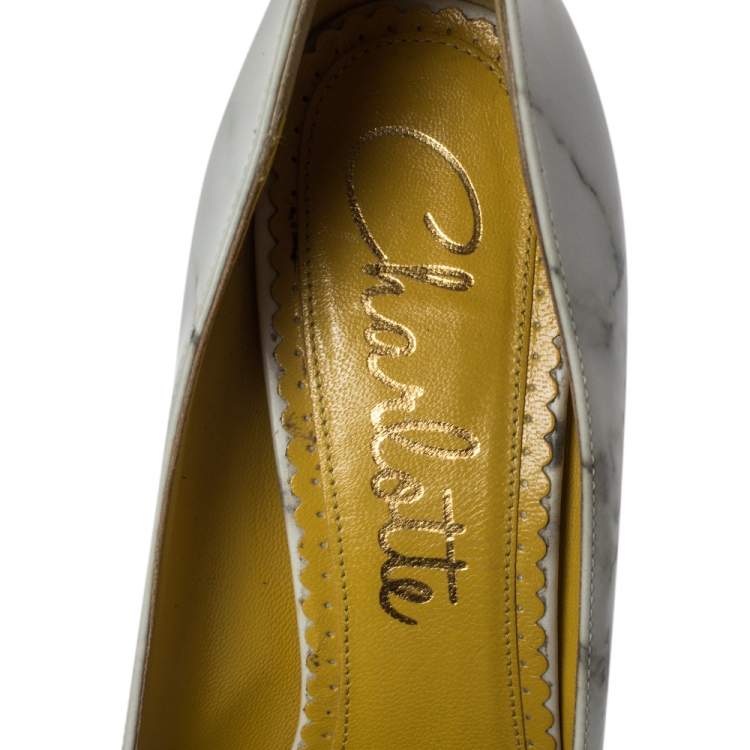 Pre Owned Charlotte Olympia White/Grey Marble-Print Leather Dolly Platform Pumps Size 37