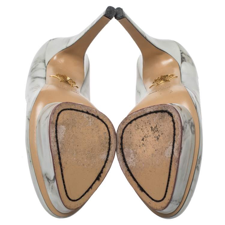Pre Owned Charlotte Olympia White/Grey Marble-Print Leather Dolly Platform Pumps Size 37