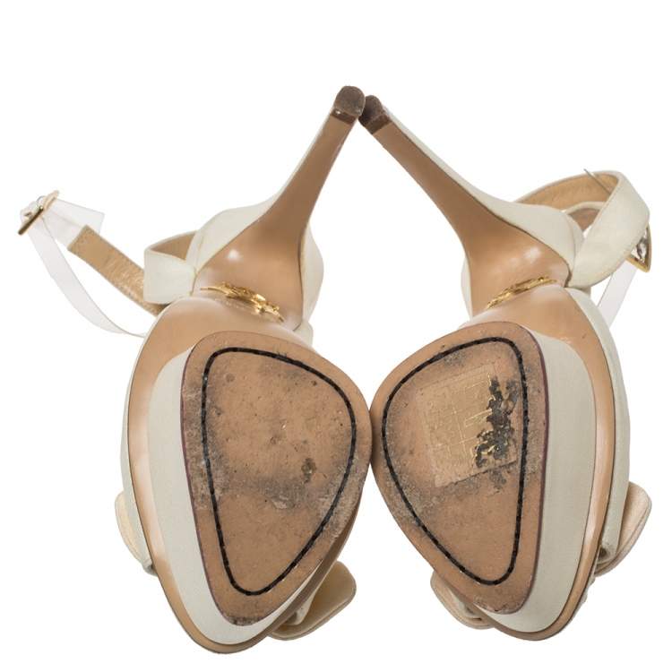 Pre Owned Charlotte Olympia Cream Satin Bridal Edition Serena Bow Platform Sandals Size 35
