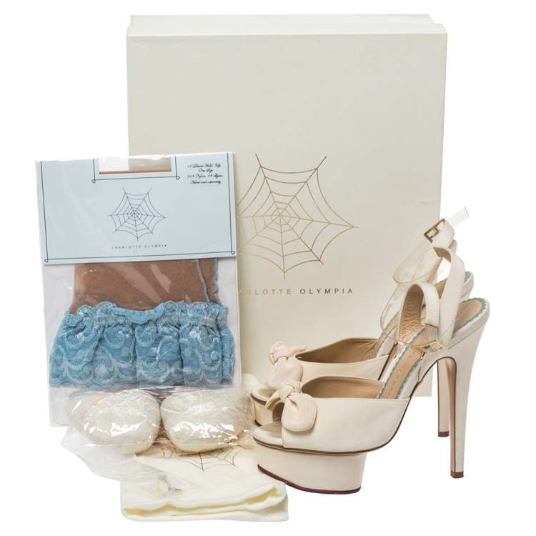 Pre Owned Charlotte Olympia Cream Satin Bridal Edition Serena Bow Platform Sandals Size 35