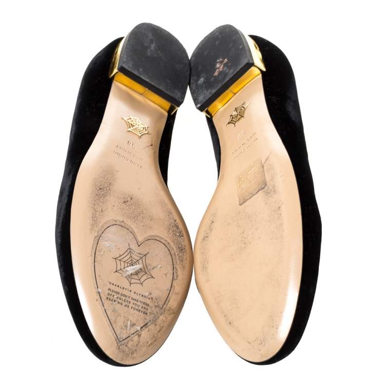 Pre Owned Charlotte Olympia Black Velvet Kitty Ballet Flats Size 38