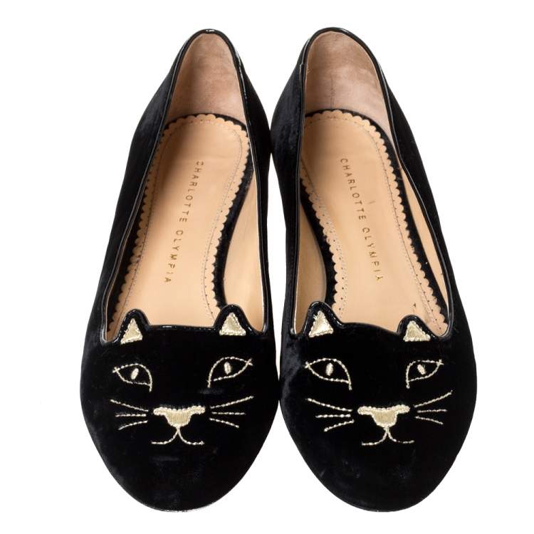 Pre Owned Charlotte Olympia Black Velvet Kitty Ballet Flats Size 38