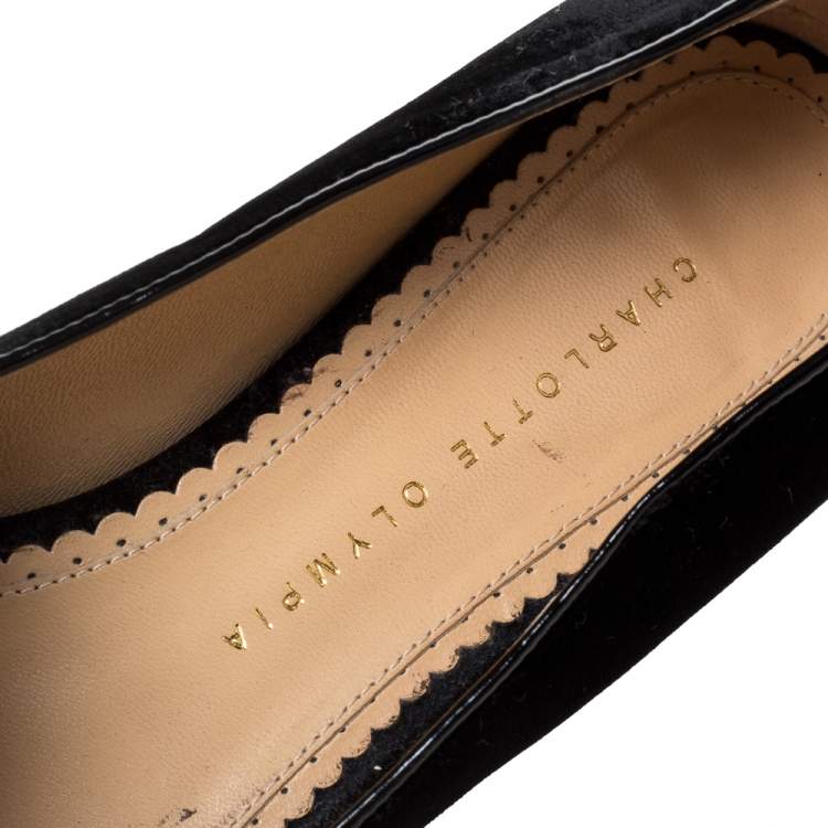 Pre Owned Charlotte Olympia Black Velvet Kitty Ballet Flats Size 38