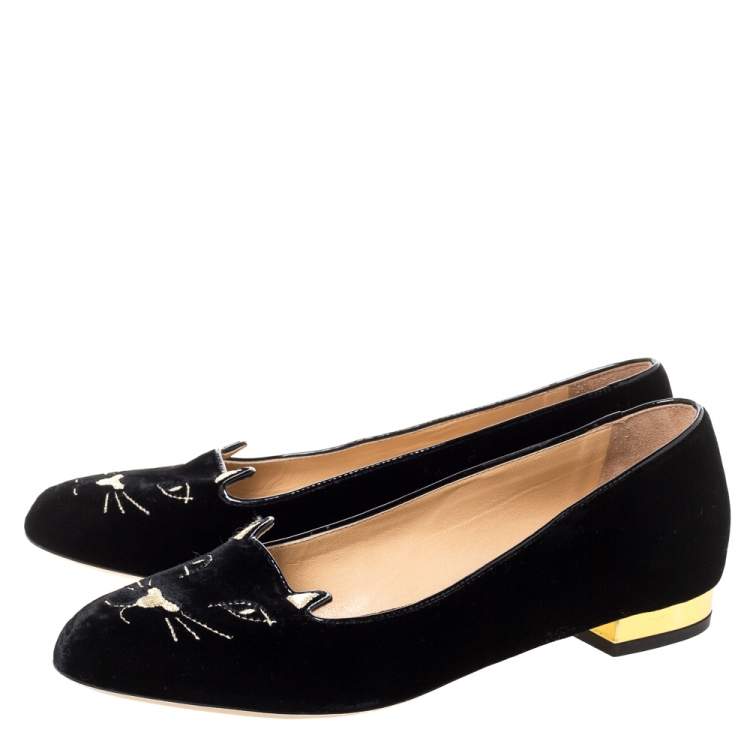 Pre Owned Charlotte Olympia Black Velvet Kitty Ballet Flats Size 38