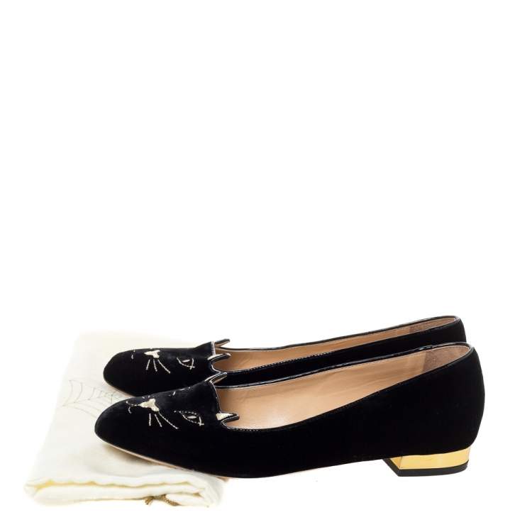 Pre Owned Charlotte Olympia Black Velvet Kitty Ballet Flats Size 38