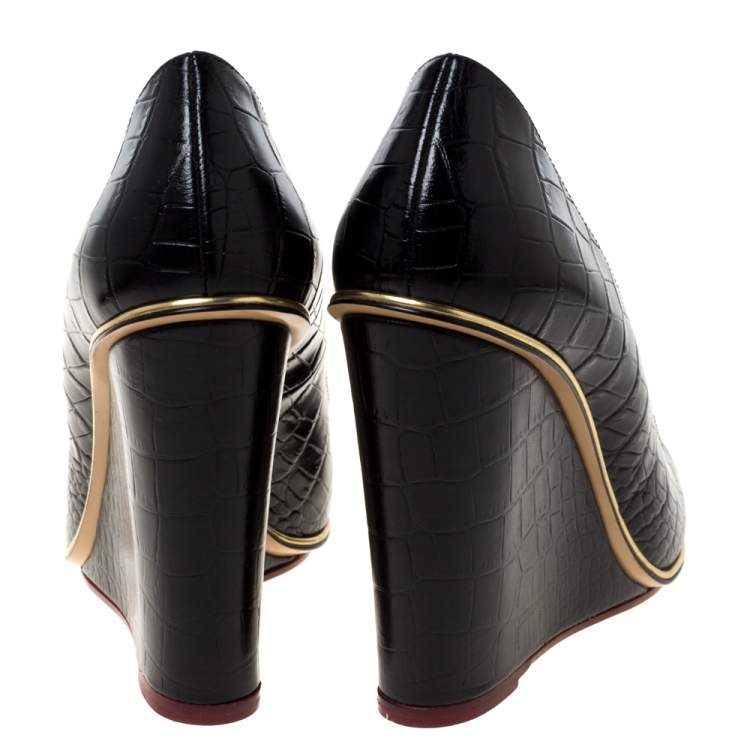 Pre Owned Charlotte Olympia Black Croc Embossed Leather Carmen Wedge Pumps Size 40