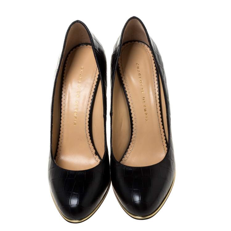 Pre Owned Charlotte Olympia Black Croc Embossed Leather Carmen Wedge Pumps Size 40