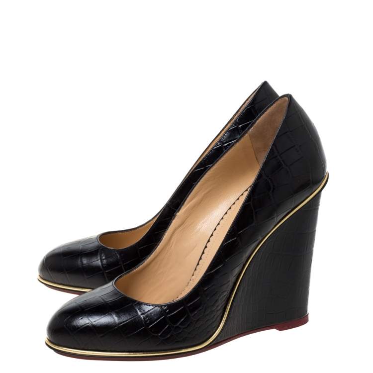 Pre Owned Charlotte Olympia Black Croc Embossed Leather Carmen Wedge Pumps Size 40