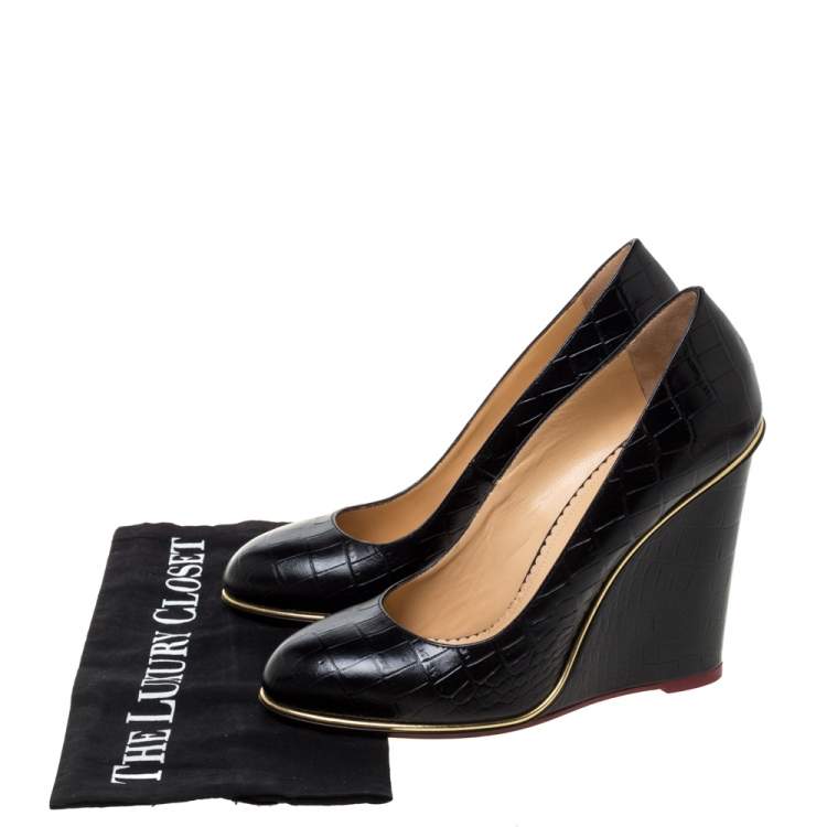 Pre Owned Charlotte Olympia Black Croc Embossed Leather Carmen Wedge Pumps Size 40