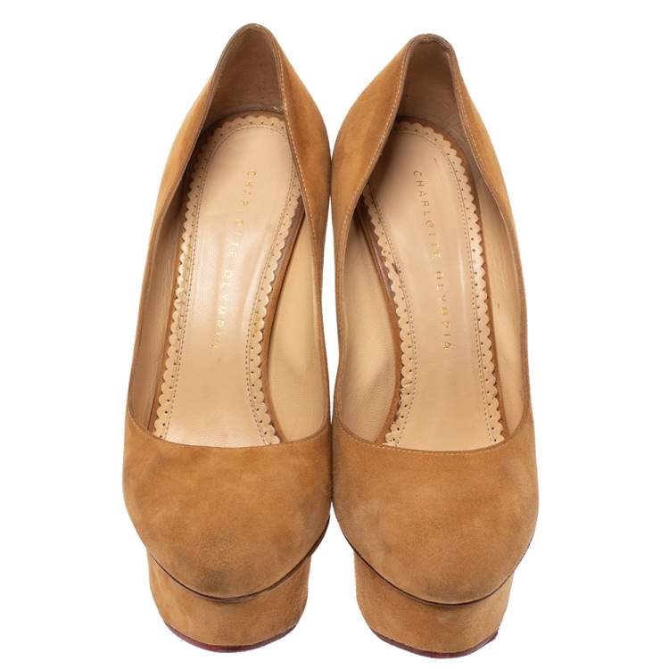 Pre Owned Charlotte Olympia Beige Suede Sundace Dolly Wheat Fringe Platform Pump Size 38