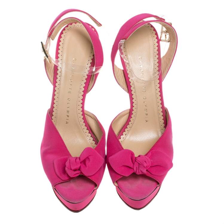 Pre Owned Charlotte Olympia Pink Satin Serena Bow Ankle Strap Platform Sandals Size 36.5