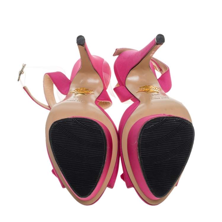 Pre Owned Charlotte Olympia Pink Satin Serena Bow Ankle Strap Platform Sandals Size 36.5