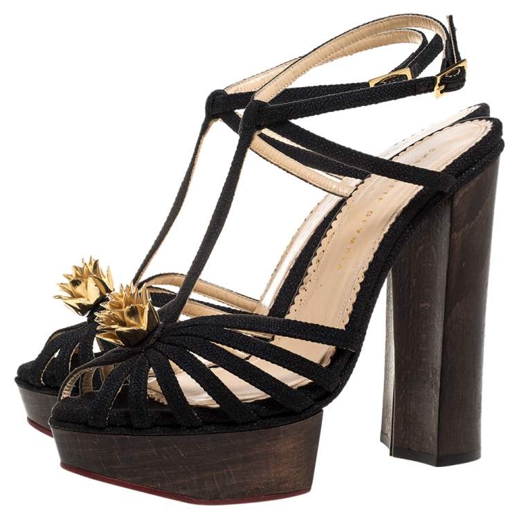 Pre Owned Charlotte Olympia Black Canvas Strappy Ankle Strap Platform Sandals Size 39