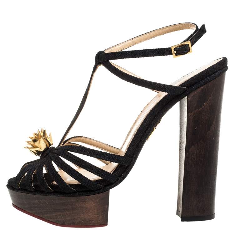 Pre Owned Charlotte Olympia Black Canvas Strappy Ankle Strap Platform Sandals Size 39
