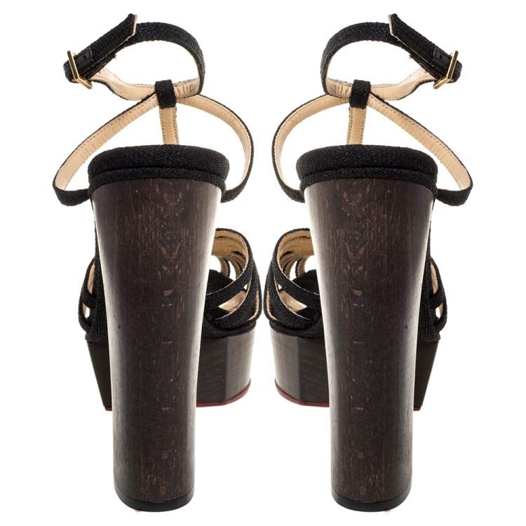 Pre Owned Charlotte Olympia Black Canvas Strappy Ankle Strap Platform Sandals Size 39