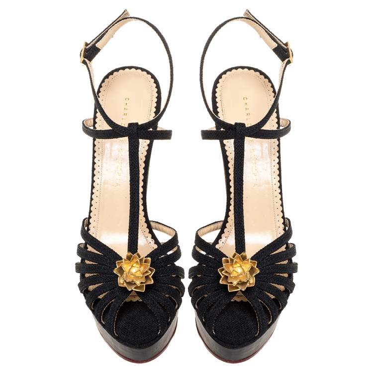 Pre Owned Charlotte Olympia Black Canvas Strappy Ankle Strap Platform Sandals Size 39