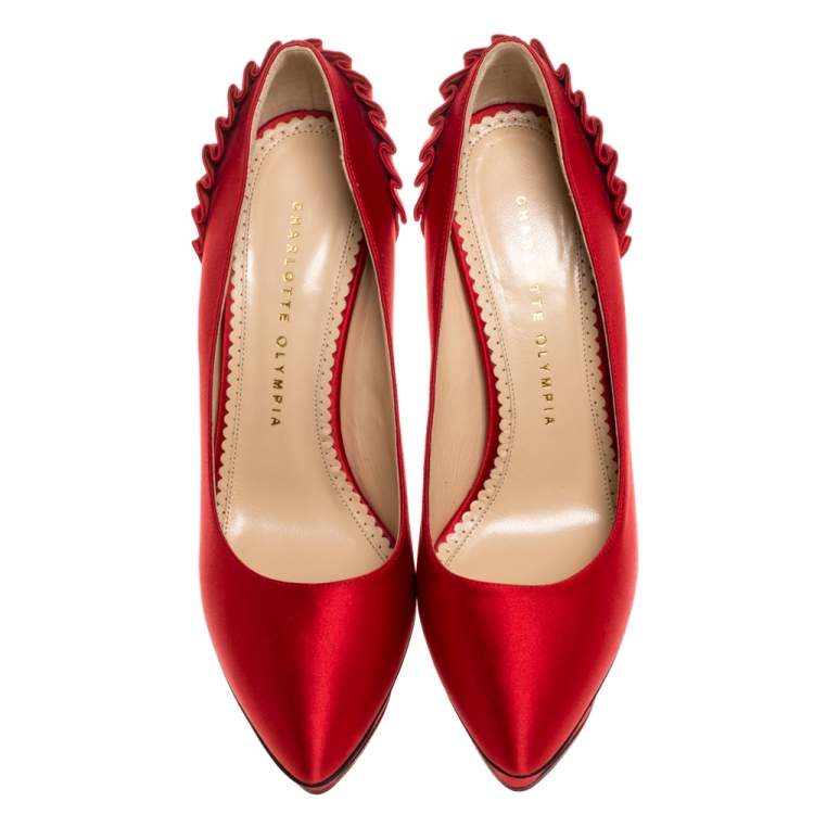 Pre Owned Charlotte Olympia Red Satin Paloma Platform Pumps Size 37.5
