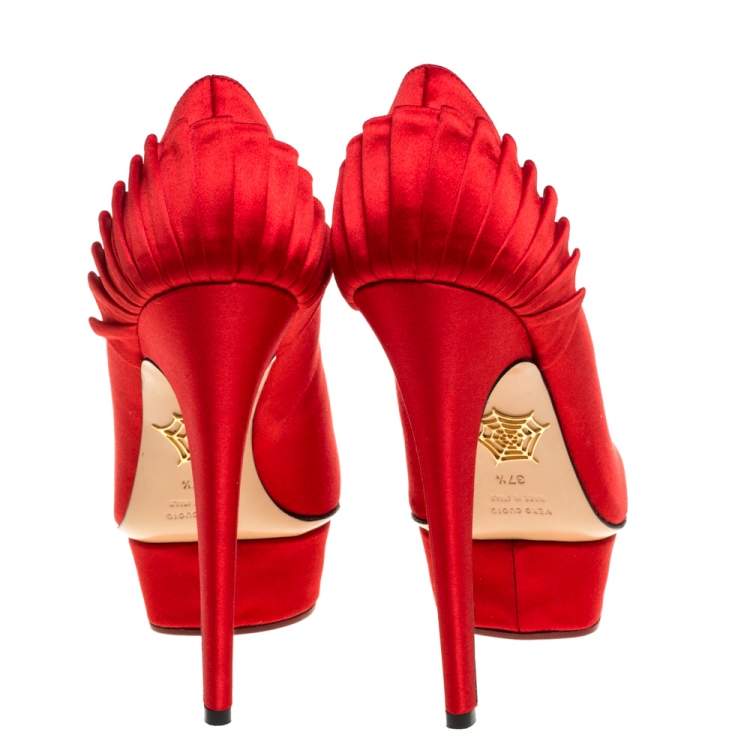 Pre Owned Charlotte Olympia Red Satin Paloma Platform Pumps Size 37.5