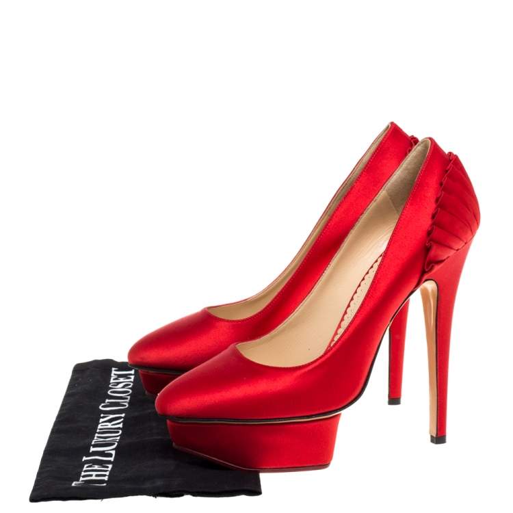 Pre Owned Charlotte Olympia Red Satin Paloma Platform Pumps Size 37.5