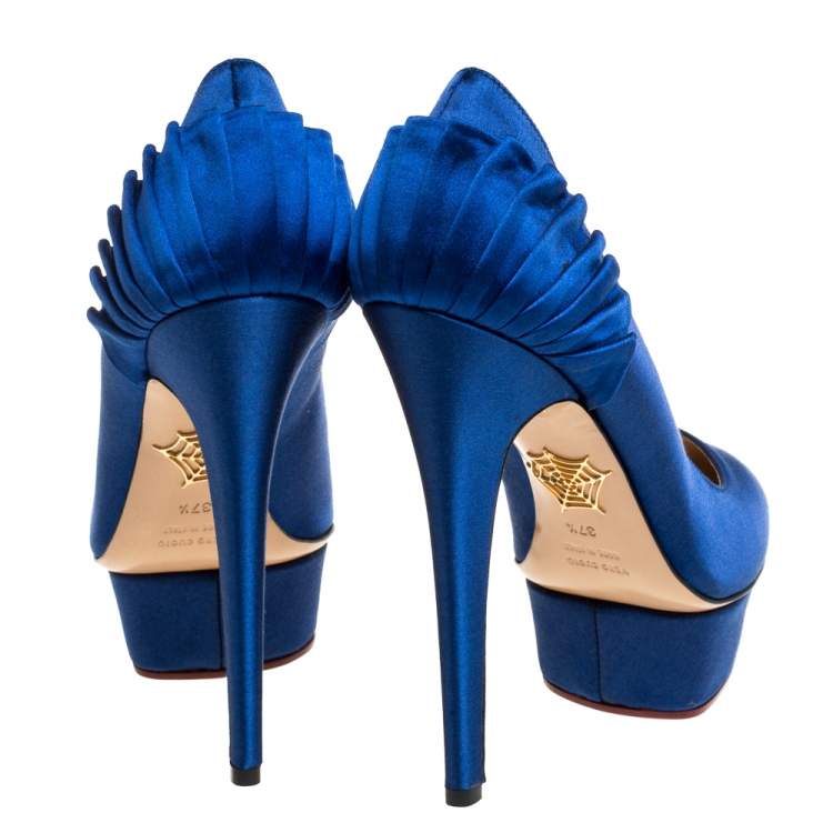 Pre Owned Charlotte Olympia Blue Satin Paloma Platform Pumps Size 37.5