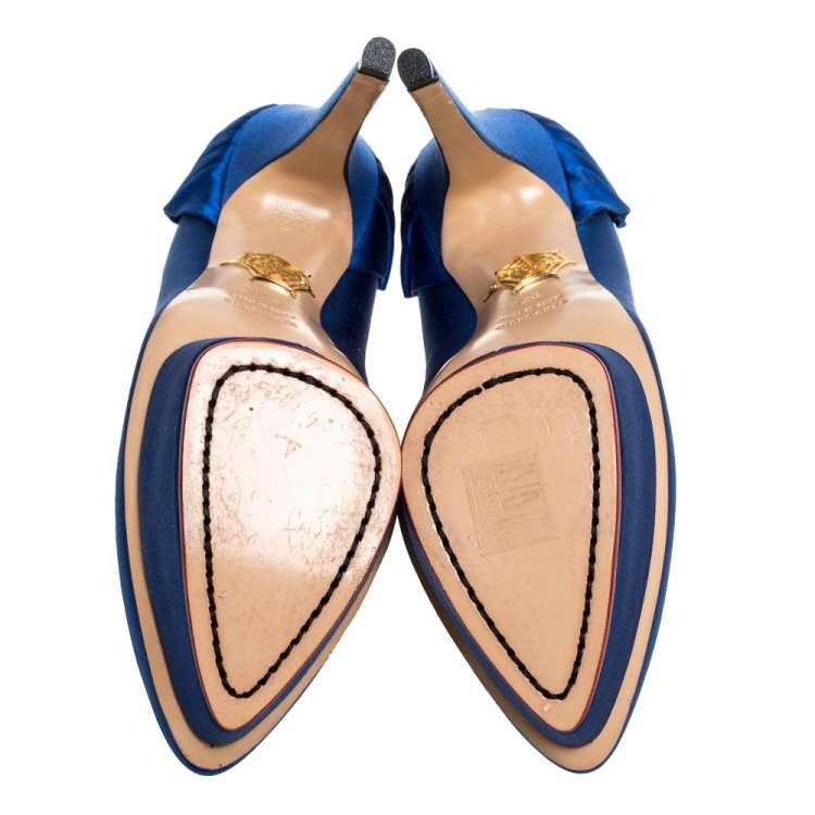 Pre Owned Charlotte Olympia Blue Satin Paloma Platform Pumps Size 37.5