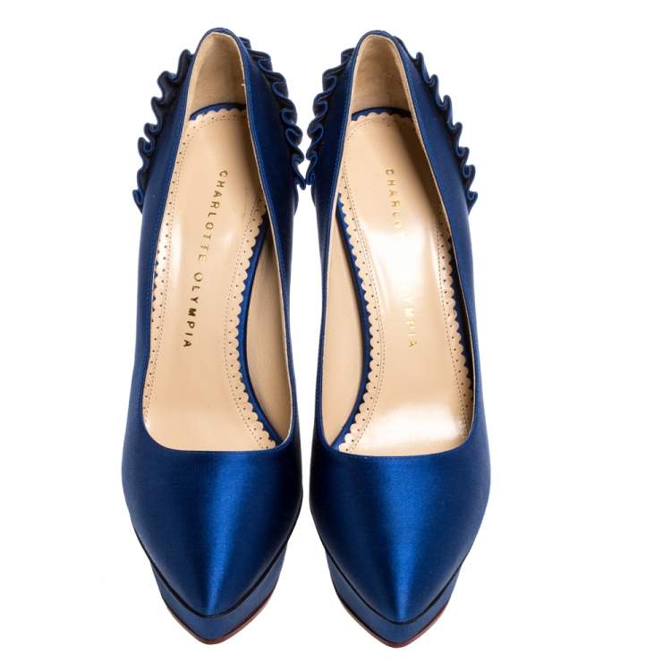 Pre Owned Charlotte Olympia Blue Satin Paloma Platform Pumps Size 37.5