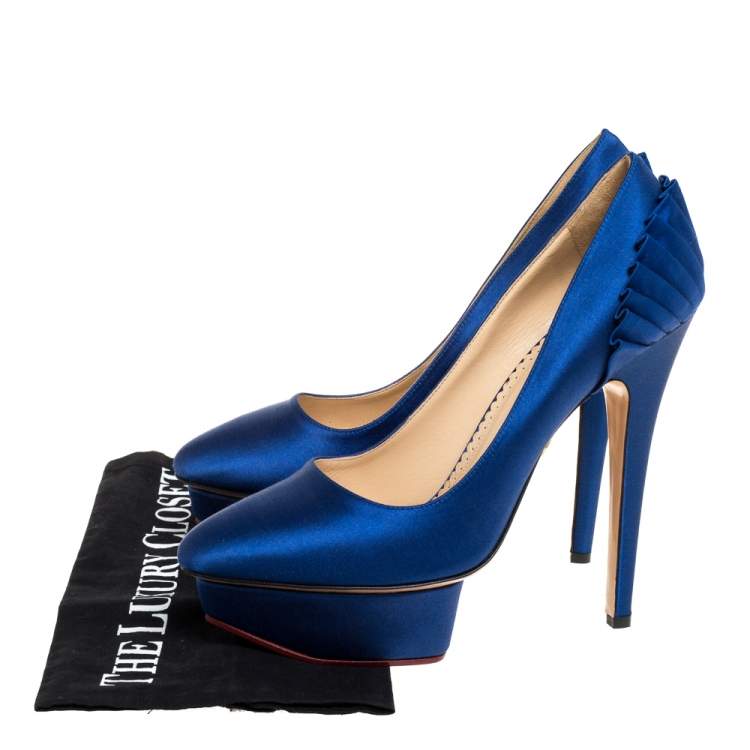 Pre Owned Charlotte Olympia Blue Satin Paloma Platform Pumps Size 37.5