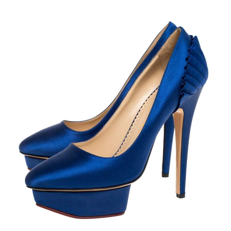 Pre Owned Charlotte Olympia Blue Satin Paloma Platform Pumps Size 37.5