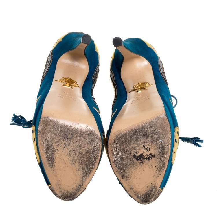 Pre Owned Charlotte Olympia Blue Suede Leather Flower Detail Platform Booties Size 37.5 