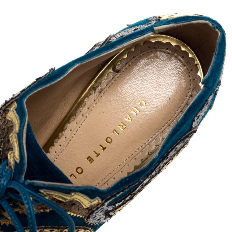 Pre Owned Charlotte Olympia Blue Suede Leather Flower Detail Platform Booties Size 37.5 