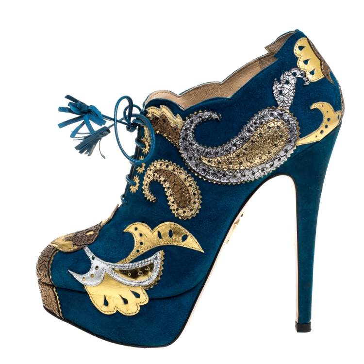 Pre Owned Charlotte Olympia Blue Suede Leather Flower Detail Platform Booties Size 37.5 