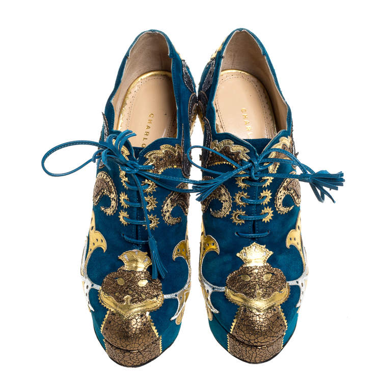 Pre Owned Charlotte Olympia Blue Suede Leather Flower Detail Platform Booties Size 37.5 