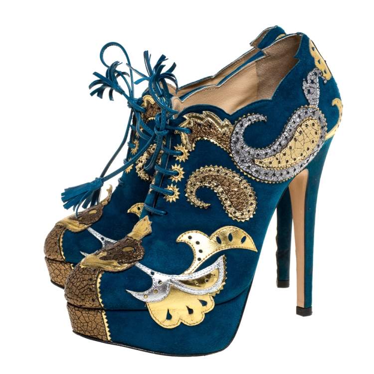 Pre Owned Charlotte Olympia Blue Suede Leather Flower Detail Platform Booties Size 37.5 