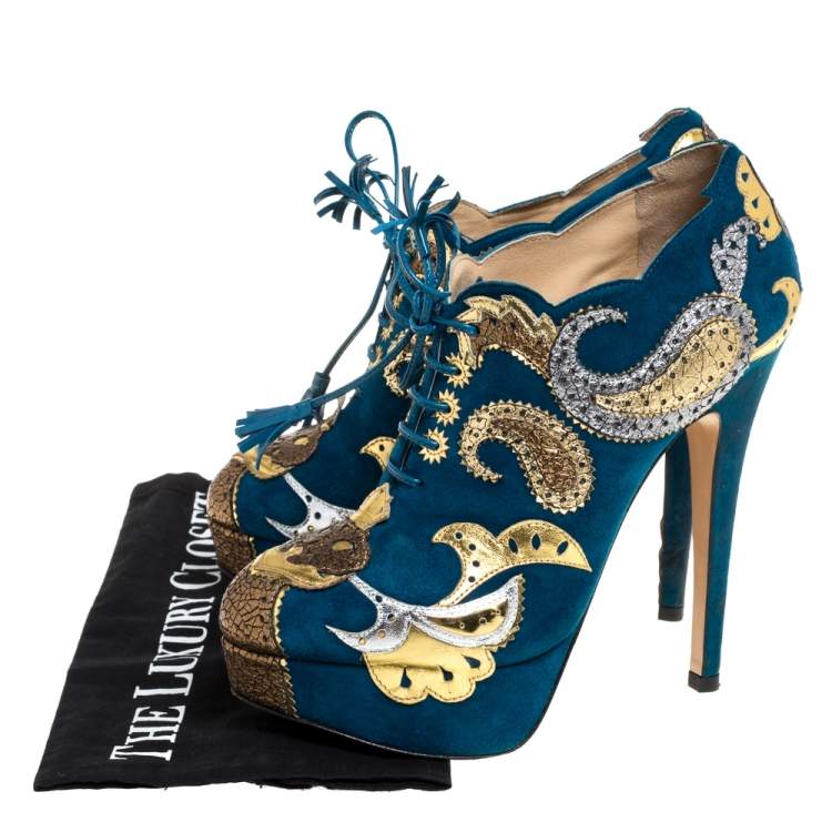 Pre Owned Charlotte Olympia Blue Suede Leather Flower Detail Platform Booties Size 37.5 