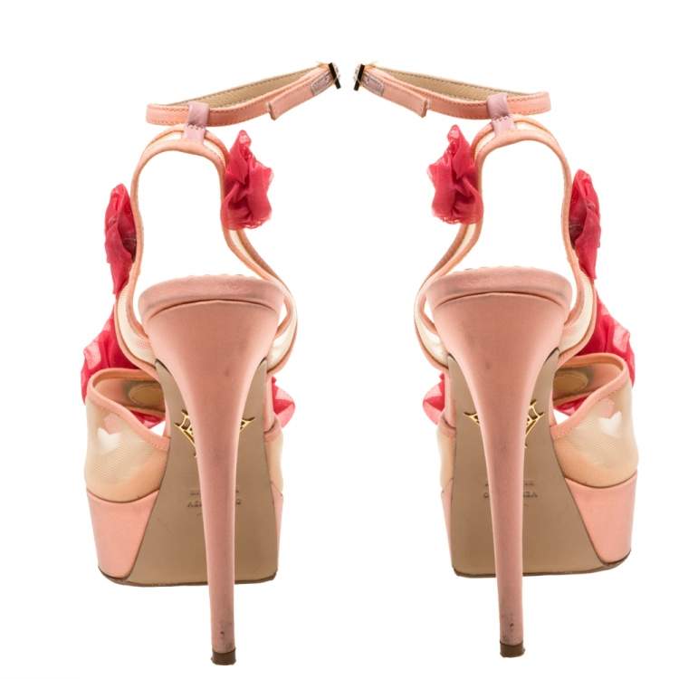 Pre Owned Charlotte Olympia Peach/Pink Satin and Mesh Pomeline Rose Peep Toe Platform Sandals Size 36